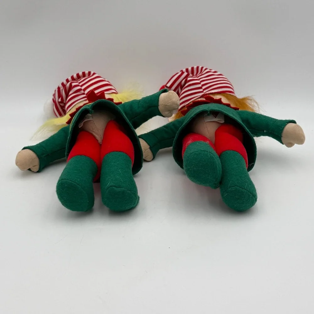 Vintage 1994 Dakin Richie Bear Christmas Elf Plush Dolls Pair Green Red 11 Inch